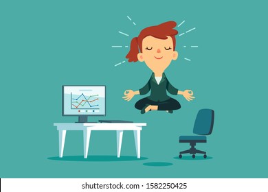 Happy businesswoman meditating and relaxing at office desk. Stress management business concept.