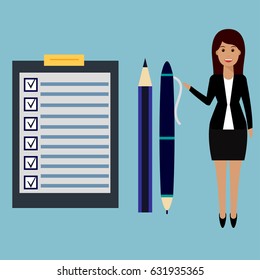 Happy businesswoman points to checklist, pen and pencil. To-do list and planning project with office supplies. Flat icon modern design style illustration concept.