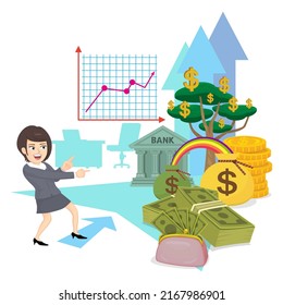 Happy businesswoman poiting at money and business succession planning, illustrator vector cartoon drawing