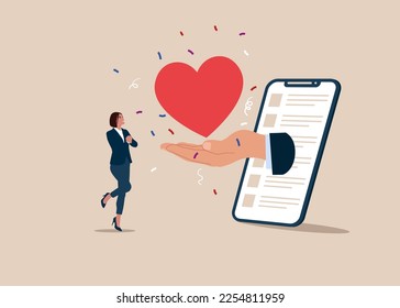 Happy businesswoman, positive attitude for career and love success. Referral rewards and Loyalty Marketing Program. Flat vector illustration.