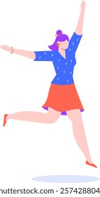 Happy businesswoman with purple hair is jumping and celebrating success with arms up, expressing joy and excitement, depicting achievement and positive emotions