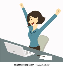 Happy businesswoman raising hands with clenched fists, sitting at her working desk with laptop and paper note, being excited and cheerful. Representing to getting a job or having a good news.   