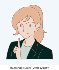 Happy businesswoman raising index finger, showing idea want something more or again, pointing up with finger number one. Hand drawn flat cartoon character vector illustration.