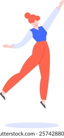 Happy businesswoman with red hair wearing a blue vest and red trousers is jumping and celebrating success with arms up in a white background