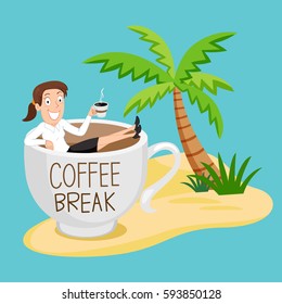 Happy businesswoman relaxing during coffee break, vector illustration cartoon