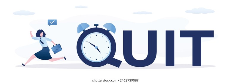 Mujer de negocios feliz corriendo del despertador con la palabra QUIT. Es hora de dejar el trabajo diurno, renunciar a la carrera a tiempo completo, dejar la empresa y la independencia del trabajo de oficina. Ilustración vectorial plana