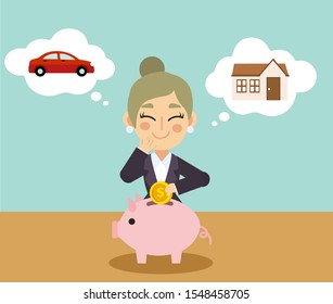 Happy businesswoman saving money in piggy bank for house and car, dreaming/thinking about house and car. Business concept cartoon character vector.