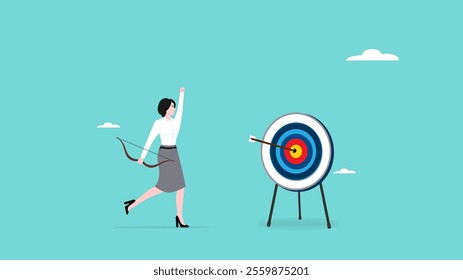 happy businesswoman shoot his arrow hitting the target vector illustration. business achievement or target, motivation to achieve goal. focus on business, business objective and strategy concept