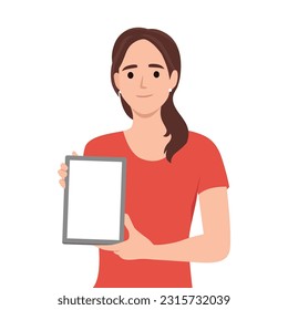 Happy businesswoman showing blank tablet computer screen. Flat vector illustration isolated on white background