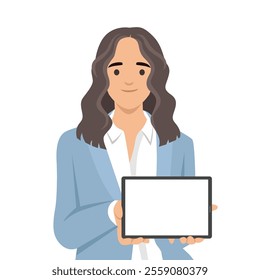 Happy businesswoman showing blank tablet computer screen. Flat vector illustration isolated on white background