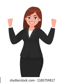 Happy businesswoman showing or raising her fists expressing success gesture. Businesswoman's emotion and body language concept illustration in cartoon style. Business success of winning concept.