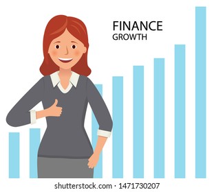Happy businesswoman shows thumb up against the background of profit chart growth.