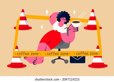 Happy Businesswoman Sit In Chair Relax Rest In Coffee Zone. Smiling Calm Woman Employee Or Worker Have Break For Hot Beverage, Take Pause At Work. Recharge And Balance. Vector Illustration. 