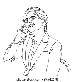 Happy businesswoman speaking by phone in office  vector illustration in outline; isolated on background.