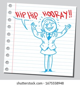 Happy businesswoman speaking hip hip hooray.  