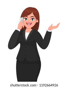 Happy businesswoman speaking on the phone gesturing hand to copy space. Telecommunication, technology and mobile or smartphone concept illustration in vector cartoon style.