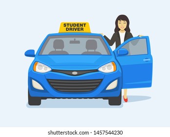 Happy businesswoman or student leaning on the car door. Female driver standing next to blue car, front view. Flat vector illustration template.