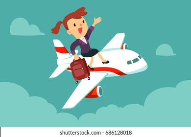 Happy businesswoman with suitcase sit on top of airplane. Business travel and transportation concept.