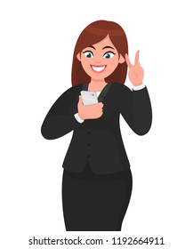 Happy businesswoman taking selfie and showing victory/peace/freedom sign while feeling exited. Social network, technology, application, mobile app concept illustration in vector cartoon style.