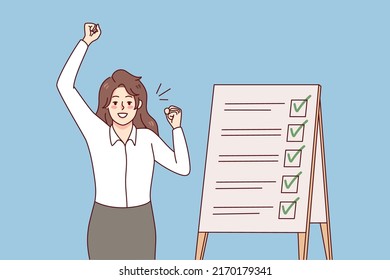 Happy businesswoman triumph with business tasks succeed. Smiling woman employee complete to do list. Schedule and time management and organization. Planner. Vector illustration. 