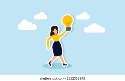 Happy businesswoman walking while carrying and lifting a lamp, illustration of gaining business ideas and innovations to improve business performance