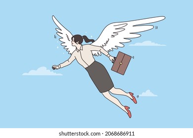Happy businesswoman with wings behind her back fly motivated by career success or promotion. Excited woman employee goal achievement accomplishment. Employment. Flat vector illustration. 