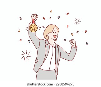 happy businesswoman winner with award champion gold medal celebrates victory and success. Hand drawn style vector design illustrations.