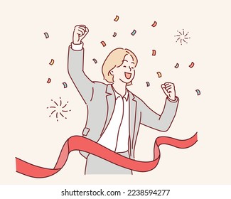 happy businesswoman winner.  businesswoman crossing the finish line.Hand drawn style vector design illustrations.