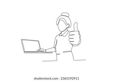 A happy businesswoman working. Dia de la mujer emprendedora one-line drawing