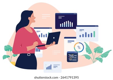 Happy businesswoman working with a laptop, surrounded by various data charts and graphs, representing financial analysis, business intelligence, or marketing statistics. Flat design illustration
