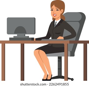 Happy businesswoman at workplace. Woman in suit siiting at desk
