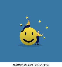 happy businessworking with computer on smiling face, Work  job satisfaction, enjoyment working with company.