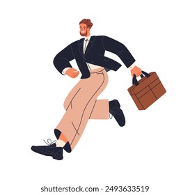 Happy busy businessman hurrying. Young entrepreneur running fast with briefcase. Business man, employee in urgency, speed. Office worker rushing. Flat vector illustration isolated on white background