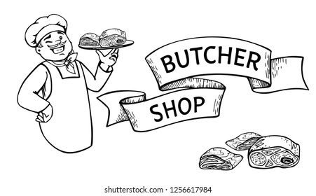 Happy butcher holding a tray with a piece of meat vector cartoon. Ribbon banner with lettering Butcher shop
