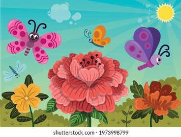 Happy Butterflies Flying Over The Flowers in Springtime. Vector illustration.
