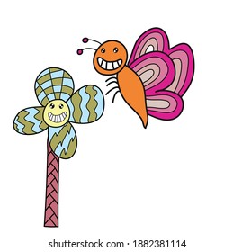 Happy Butterfly and flower doodle art Clipart background