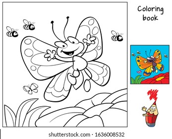 Happy Butterfly Flying. Coloring Book. Cartoon Vector Illustration