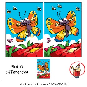 Happy butterfly flying. Find 10 differences. Educational game for children. Cartoon vector illustration