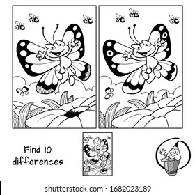 Happy butterfly flying. Find 10 differences. Educational game for children. Black and white cartoon vector illustration