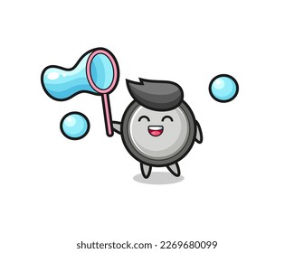 happy button cell cartoon playing soap bubble , cute style design for t shirt, sticker, logo element