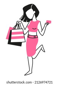 Happy buyer. The girl is holding packages, bags. Big sale. Vector flat design in trendy style