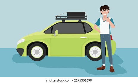 Happy of buyer man in the relaxed clothing set. Great raising hands and smiling. With mini travel car green color hanve rack and spare tire on the roof. on isolated blue tone in the show room.