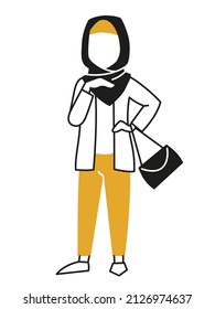 Happy buyer. Muslim girl is holding packages, bags. Big sale. Vector flat design in trendy style