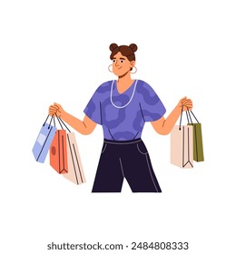 Feliz comprador se regocija por las compras en tienda de moda al por menor. Mujer adicta a las compras sostiene un montón de bolsas con mercancías, regalos. Cliente de compras en ventas, descuentos. Ilustración vectorial plana aislada sobre blanco