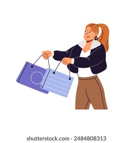 Comprador feliz ropa de compras en venta en la tienda al por menor. Mujer adicta a las compras se regocija por comprar productos con descuentos. El Cliente sostiene los bolsos con la compra, los regalos. Ilustración vectorial plana aislada sobre blanco