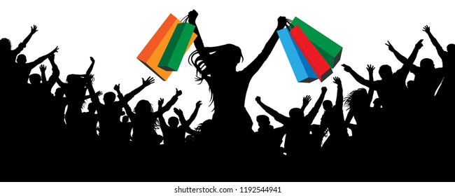 Happy buyer silhouette. Crowd cheers people on discounted. Sale of goods, people are consumers. Black Friday. Vector illustration