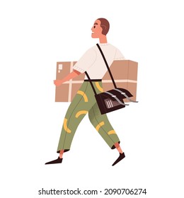 Happy buyer walking with purchase in hands. Man courier carrying big cardboard box. Modern postman from delivery service holding large parcel. Flat vector illustration isolated on white background