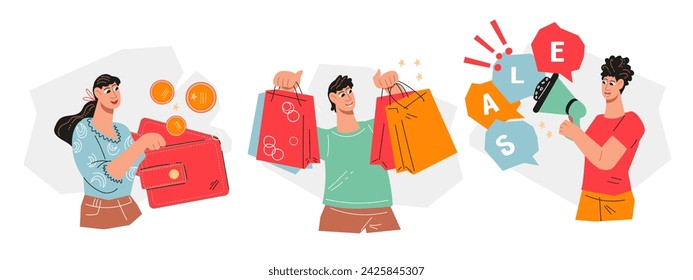 Happy buyers shopping and enjoy exclusive offers and sale, flat vector illustration isolated on white background. Shopping experience and customers attraction business concept.