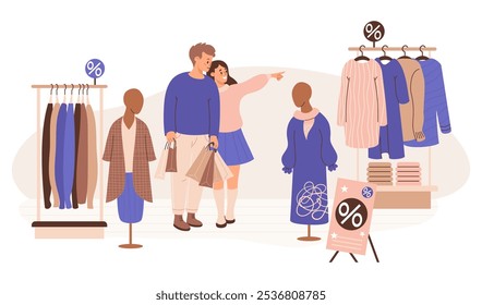 Happy buyers in store on shopping sale. Man with packages and girl choose clothes on racks of hangers and mannequins with fashionable female clothing. Vector illustration. Holiday shopper, purchase