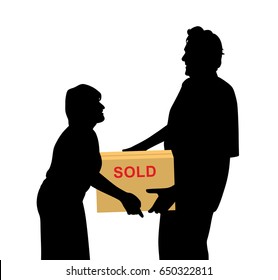 Happy buyers woman and man carrying something purchased and packed in a box
